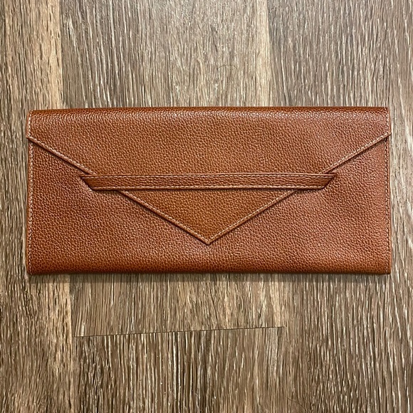 Beautiful TUSK brown Leather Envelope Clutch Wristlet Wallet with red lining - Picture 1 of 7